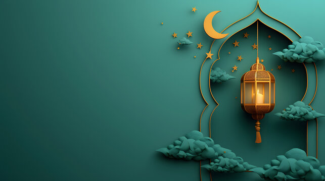 3D lantern with cloud and crescent moon inside, green color background