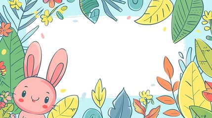 Fototapeta premium happy rabbit in garden with blank frame cute cartoonish page print border design, with blank empty space for mock up message background