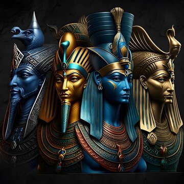Colorful digital artwork of Egyptian deities (Osiris, Amun, Ra, Sekmet, and Isis)
