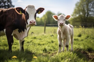 Cow and calf on a farm, livestock development concept
