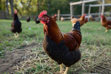 Chickens on a chicken farm grazing outdoors, domestic animal husbandry concept
