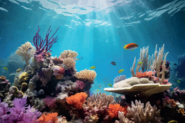 Underwater sea bottom background with coral reef. Deep blue ocean undersea landscape. Cartoon style digital illustration.