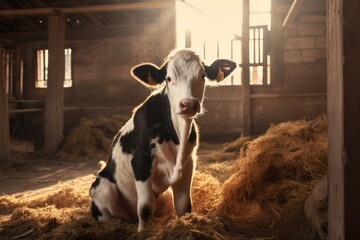 Funny close-up portrait of a calf in a barn on a wide-angle camera