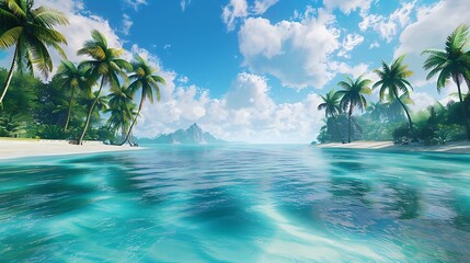 Virtual reality tropical paradise with palm-fringed beaches and crystal-clear waters, a digital escape to paradise.