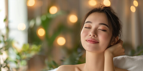 The photo shows a young woman closing her eyes and smiling