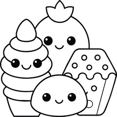  Kawaii coloring book illustration. Food coloring pages.
