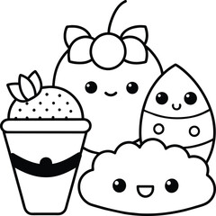  Kawaii coloring book illustration. Food coloring pages.