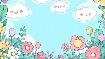 pink flower field blossom with cloudy blue sky, cute cartoonish page print frame or border design, with blank empty space for mock up message background