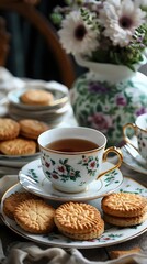 Sure, here is a description for an image depicting coffee and cookies:  A white cup filled with black coffee sits on a table with chocolate chip cookies on a plate