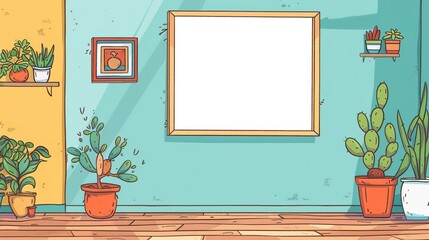 empty frame on wall with doodle houseplant cactus and succulent cute cartoonish page print border design, with blank empty space for mock up message background