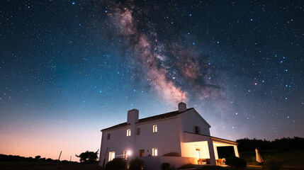 A white house during a clear night, with the Milky Way visible in the sky above. The house's exterior lights are carefully balanced to allow for stargazing, 