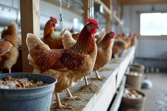 Chickens on a chicken farm grazing outdoors, domestic animal husbandry concept
