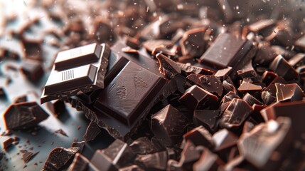 Pieces of dark chocolate on a dark background close-up