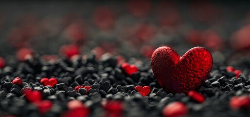 A red heart is laying on top of black stones.