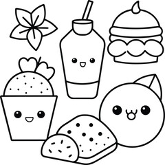  Kawaii coloring book illustration. Food coloring pages.