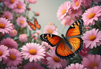 Fototapeta premium butterfly on flowers in minimal style