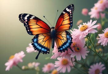 Fototapeta premium butterfly on flowers in minimal style