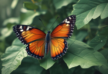 Fototapeta premium butterfly on leaves in minimal style