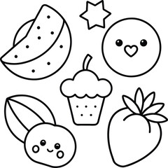  Kawaii coloring book illustration. Food coloring pages.