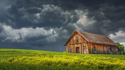 A weathered wooden house on a hill, surrounded by fields of vibrant green grass, under a blanket of grey, stormy clouds. The contrast between the warm wood tones and the cool, 