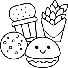  Kawaii coloring book illustration. Food coloring pages.