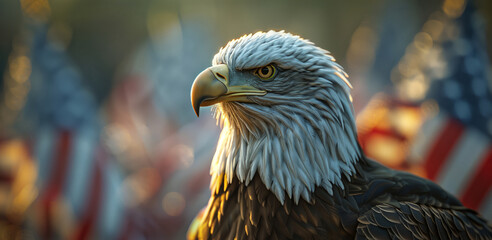 Cinematic Lighting, Low-angle view of a bald eagle framed by a row of fluttering American flags, Independence day concept