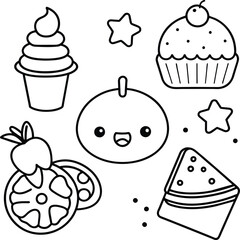  Kawaii coloring book illustration. Food coloring pages.
