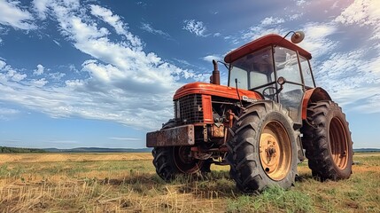 Fototapeta premium Cultivating the Land. An Old Tractor Fertilizes the Field Under Clear Blue Skies