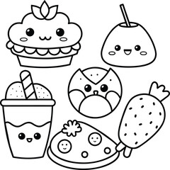  Kawaii coloring book illustration. Food coloring pages.