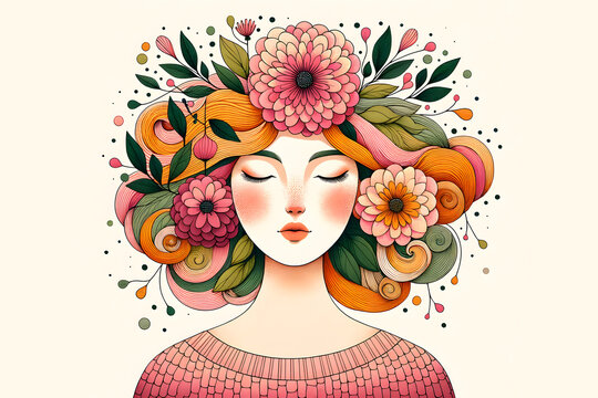 Serene Spring Goddess: An Illustration of a Young Woman Adorned with a Vibrant Floral Crown