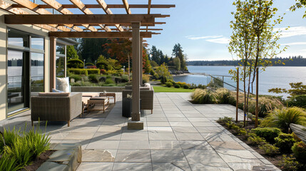 A waterfront patio with a view of Puget Sound, where natural stone tiles and a wooden pergola blend seamlessly with the landscape, 