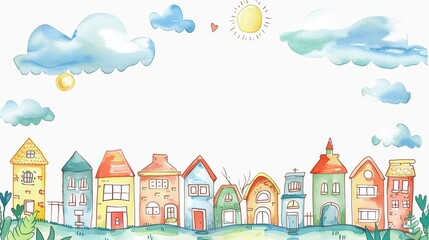 sunny day at happy cute village cartoonish page print frame or border design, with blank empty space for mock up message background