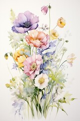 Obraz premium Graceful watercolor of mixed flowers including lisianthus and ammi, pastel tones against white, emphasizing a tranquil and joyful atmosphere , against pur white background