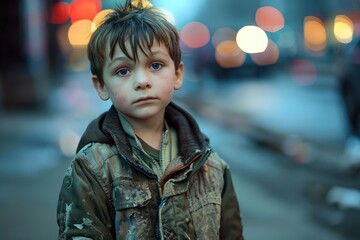 A boy dressed in old clothes on the street of the city. homeless, poor people