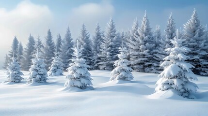 A beautiful winter landscape with snow-covered pine trees and a clear blue sky