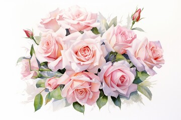 Pastel rose bouquet in watercolor, symbolizing love and courage, set against white for a fresh, airy composition ,  fresh and clean look