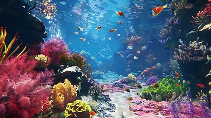 Virtual underwater world teeming with colorful coral reefs and exotic marine life, an aquatic adventure.