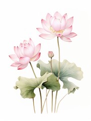 Tranquil watercolor depiction of a pink lotus, slender leaves, soft and pure against white ,  watercolor painting