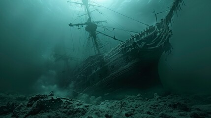 ancient ship under the sunken sea in high resolution and high quality
