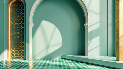 Simple Islamic background with white space for text, in green and gold colors. Arch decorated in the style of Arabic patterns