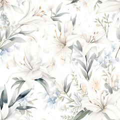 A beautiful watercolor floral pattern with white lilies, bluebells, and otherXiao Hua Duo