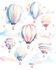 A beautiful watercolor painting of hot air balloons in pastel colors