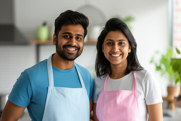 Fototapeta premium indian couple both are wearing apron and giving happy expression
