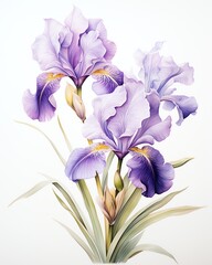 An illustration of an iris flower, with a white background. The iris is purple, with yellow and orange markings on the inner petals. The stem is green, with long, thin leaves.