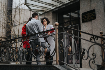 Two business professionals engaged in a serious discussion outside an office environment, illustrating teamwork and partnership.