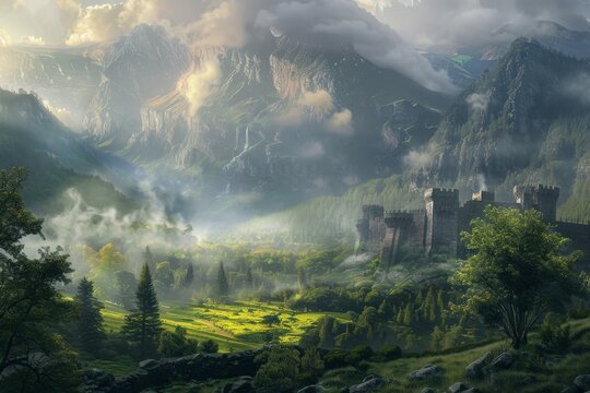 Sunset over green mountain with atlantic ocean, Faroe islands - Kallur lighthouse. Beautiful simple AI generated image in 4K, unique.