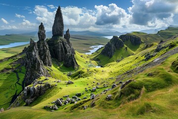 Obraz premium Sunset over green mountain with atlantic ocean, Faroe islands - Kallur lighthouse. Beautiful simple AI generated image in 4K, unique.
