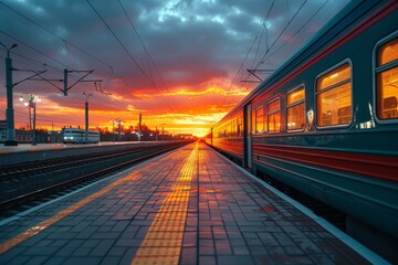A captivating sunset sky over a railway station with trains at the platform, depicting serenity, journey, and transition