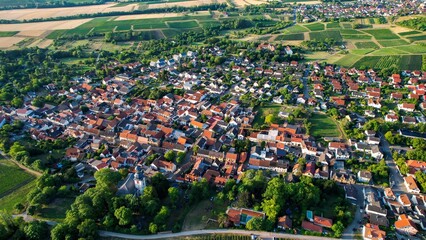  Aerial view of the old town arond the city Essenheim in Germany on a sunny day in Spring