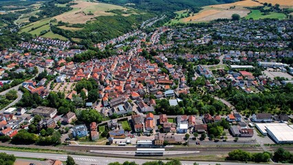  Aerial view of the old town arond the city Bad Sobernheim in Germany on a sunny day in Spring